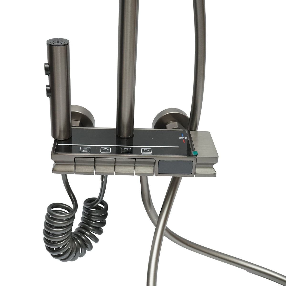 Set doccia multifunzionale con termostato, display digitale della temperatura dell’acqua, 4 funzioni di erogazione dell’acqua, bocca vasca, soffione doccia rettangolare, doccetta, doccia bidet, colore grigio. - immagine 4
