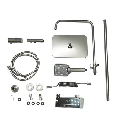 Set doccia multifunzionale con termostato, display digitale della temperatura dell’acqua, 4 funzioni di erogazione dell’acqua, bocca vasca, soffione doccia rettangolare, doccetta, doccia bidet, colore grigio. - immagine 2