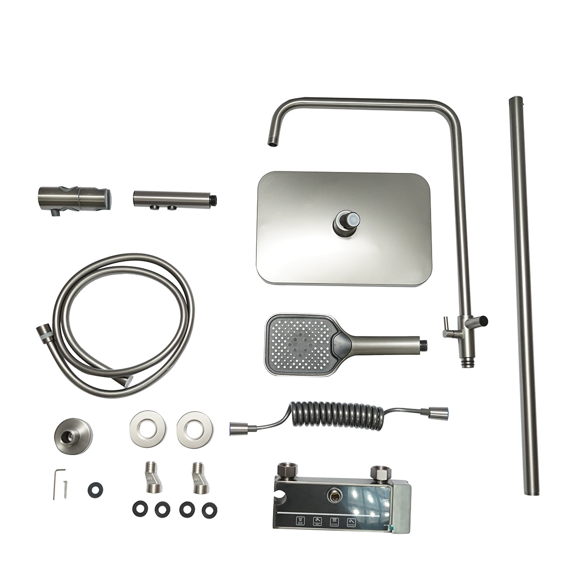 Set doccia multifunzionale con termostato, display digitale della temperatura dell’acqua, 4 funzioni di erogazione dell’acqua, bocca vasca, soffione doccia rettangolare, doccetta, doccia bidet, colore grigio. - immagine 2