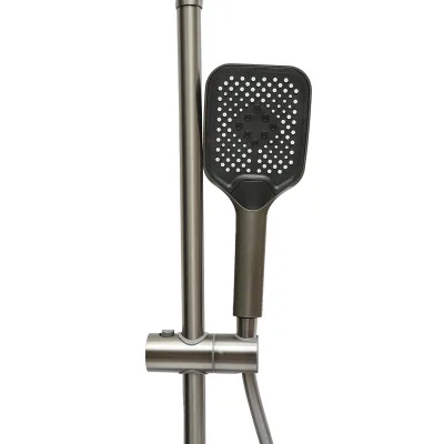 Set doccia multifunzionale con termostato, display digitale della temperatura dell’acqua, 4 funzioni di erogazione dell’acqua, bocca vasca, soffione doccia rettangolare, doccetta, doccia bidet, colore grigio. - immagine 5