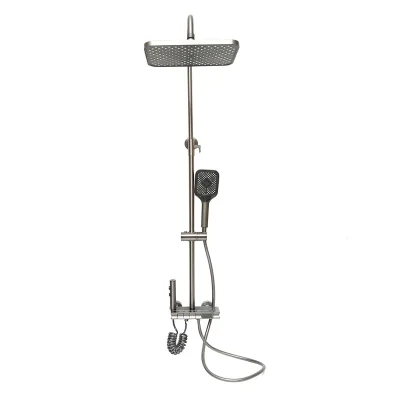 Set doccia multifunzionale con termostato, display digitale della temperatura dell’acqua, 4 funzioni di erogazione dell’acqua, bocca vasca, soffione doccia rettangolare, doccetta, doccia bidet, colore grigio. - immagine 3