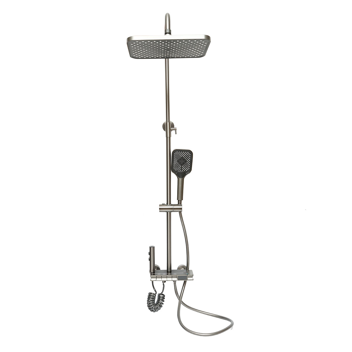 Set doccia multifunzionale con termostato, display digitale della temperatura dell’acqua, 4 funzioni di erogazione dell’acqua, bocca vasca, soffione doccia rettangolare, doccetta, doccia bidet, colore grigio. - immagine 3