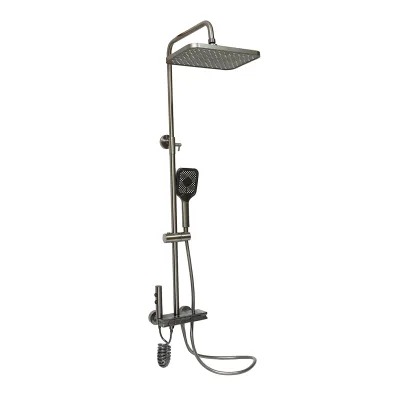 Set doccia multifunzionale con termostato, display digitale della temperatura dell’acqua, 4 funzioni di erogazione dell’acqua, bocca vasca, soffione doccia rettangolare, doccetta, doccia bidet, colore grigio.