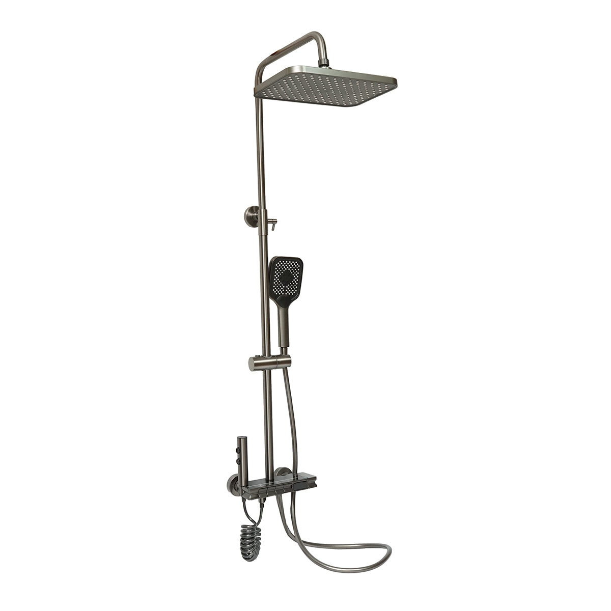 Set doccia multifunzionale con termostato, display digitale della temperatura dell’acqua, 4 funzioni di erogazione dell’acqua, bocca vasca, soffione doccia rettangolare, doccetta, doccia bidet, colore grigio.