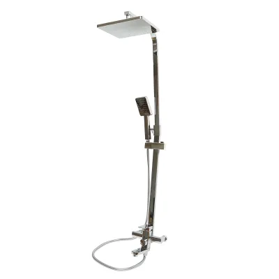 Set doccia multifunzionale da parete con doccetta a mano, bocca per vasca, soffione rettangolare, cartuccia in ceramica, finitura cromo lucido.