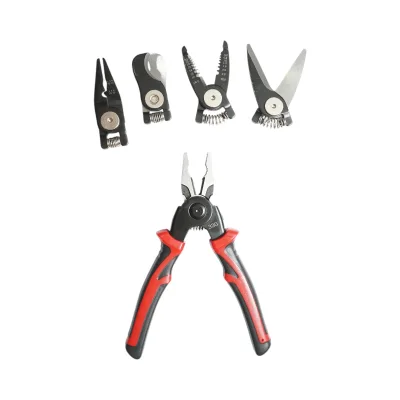 Set multifunzione 5 in 1 con forbici, pinze brevettate, taglierina, crimpatrice e spelafili.