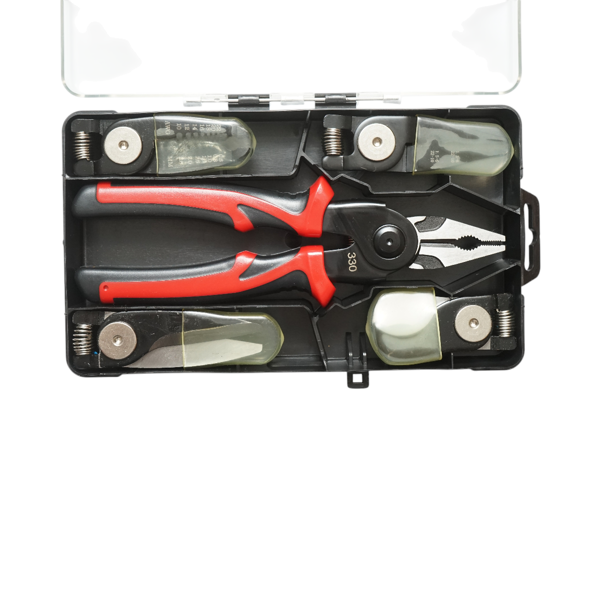 Set multifunzione 5 in 1 con forbici, pinze brevettate, taglierina, crimpatrice e spelafili. - immagine 4