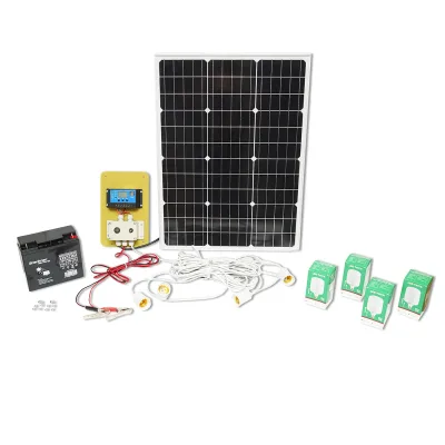 Set pannello solare 50W fotovoltaico monocristallino 670x540x30mm 12-24V batteria 12/17Ah 4 lampadine 9W