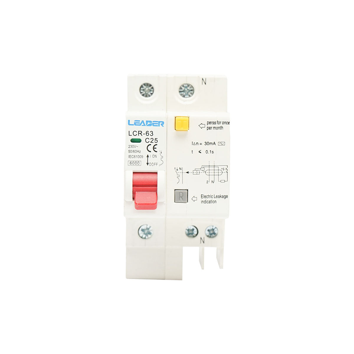 Sicurezza differenziale 1+N, 25A, 30mA 2P Leader