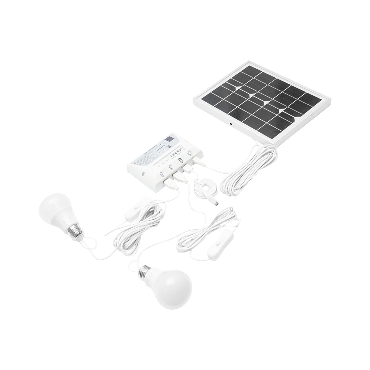 Sistema di illuminazione con 2 lampadine, pannello solare 5V/5,5W e 1xUSB per ricarica telefono