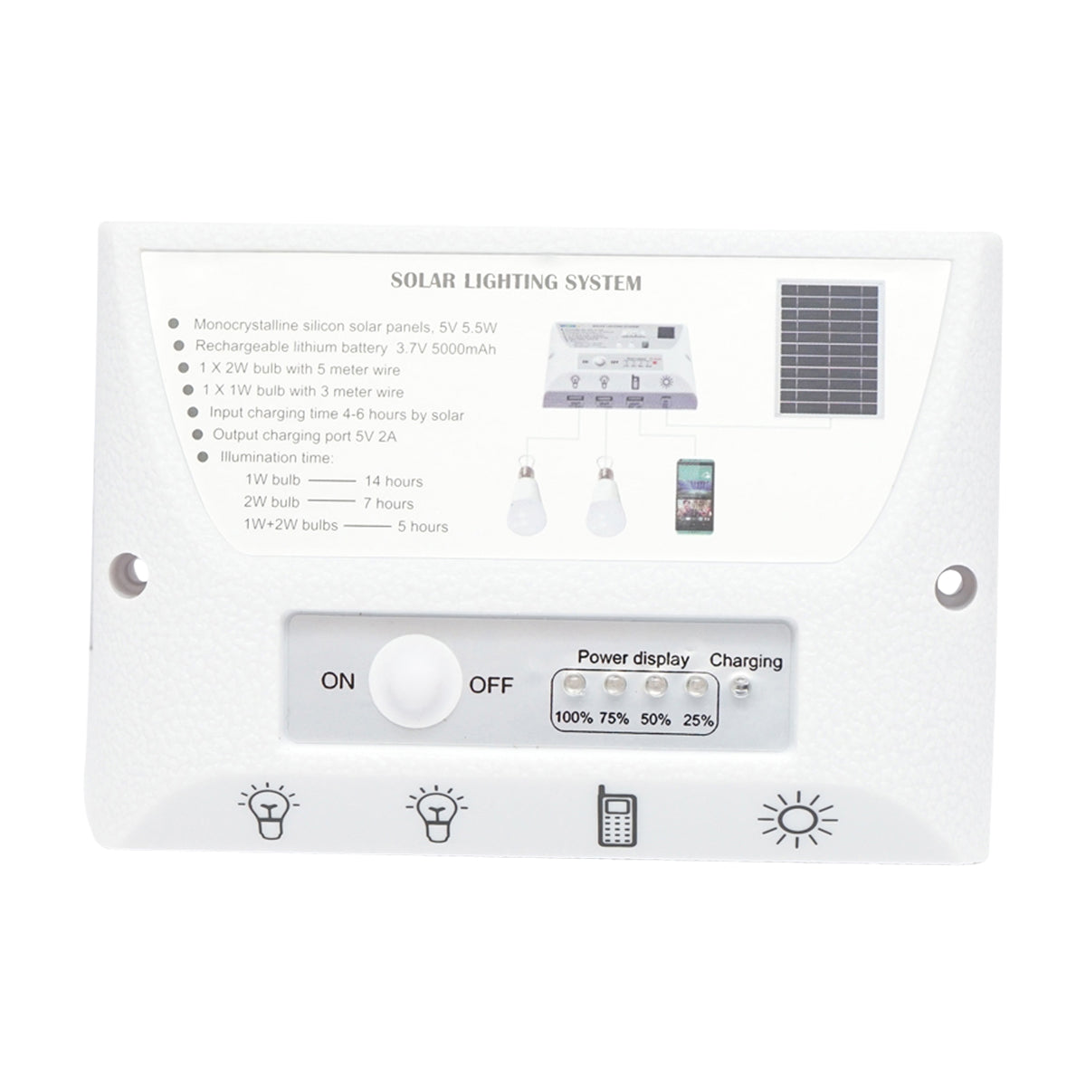 Sistema di illuminazione con 2 lampadine, pannello solare 5V/5,5W e 1xUSB per ricarica telefono - immagine 5