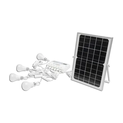 Sistema di illuminazione con 4 lampadine LED, pannello solare 9V/12W e 1xUSB per ricarica telefono