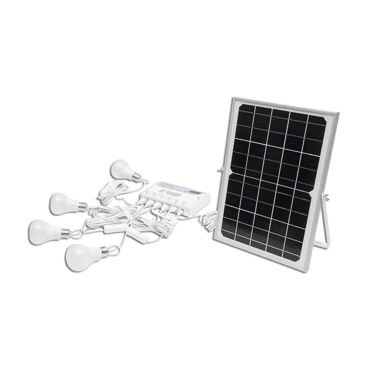 Sistema di illuminazione con 4 lampadine LED, pannello solare 9V/12W e 1xUSB per ricarica telefono