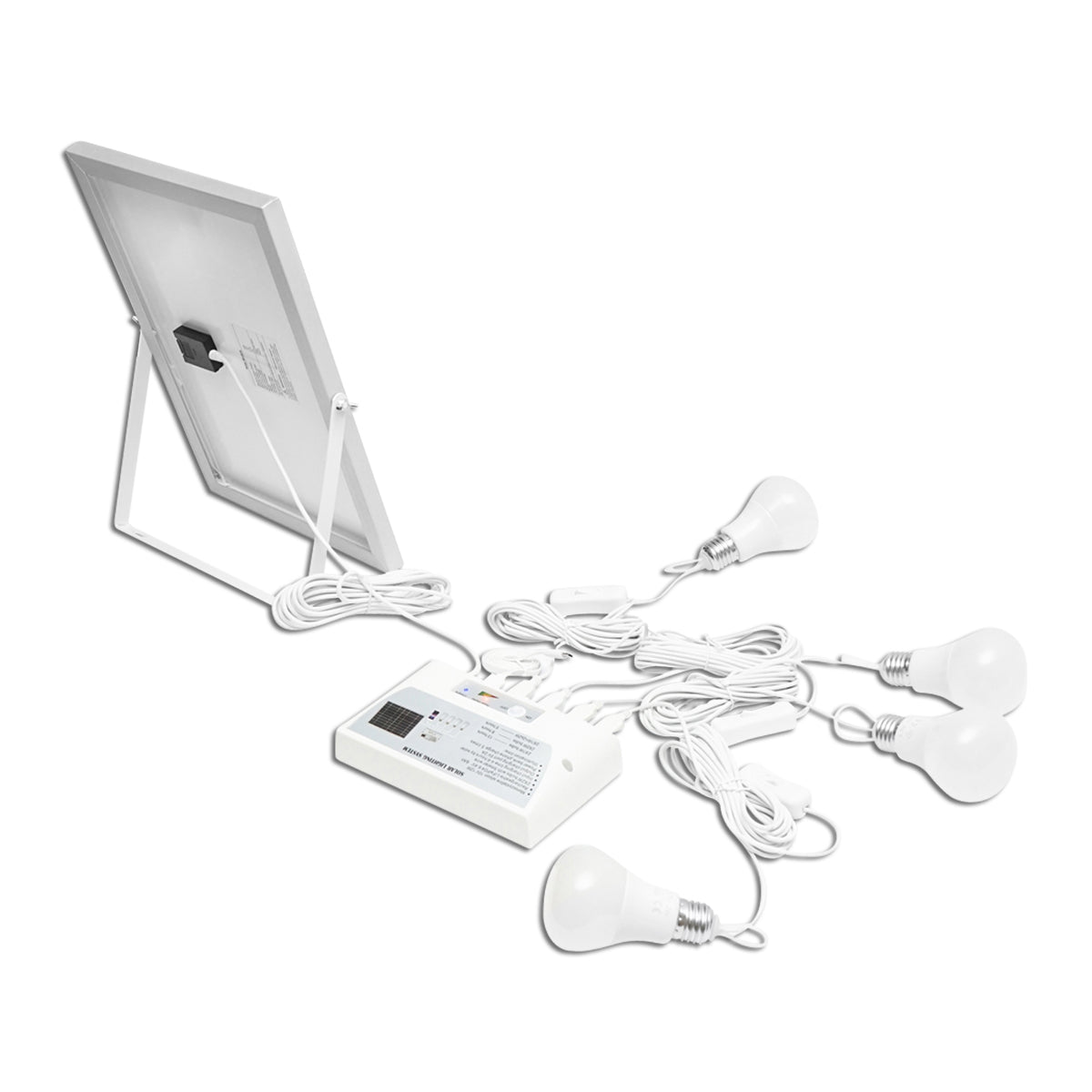 Sistema di illuminazione con 4 lampadine LED, pannello solare 9V/12W e 1xUSB per ricarica telefono - immagine 3