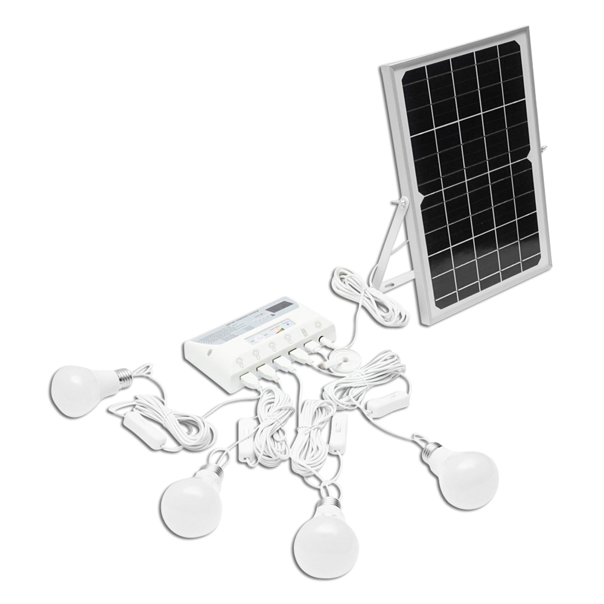 Sistema di illuminazione con 4 lampadine LED, pannello solare 9V/12W e 1xUSB per ricarica telefono - immagine 2