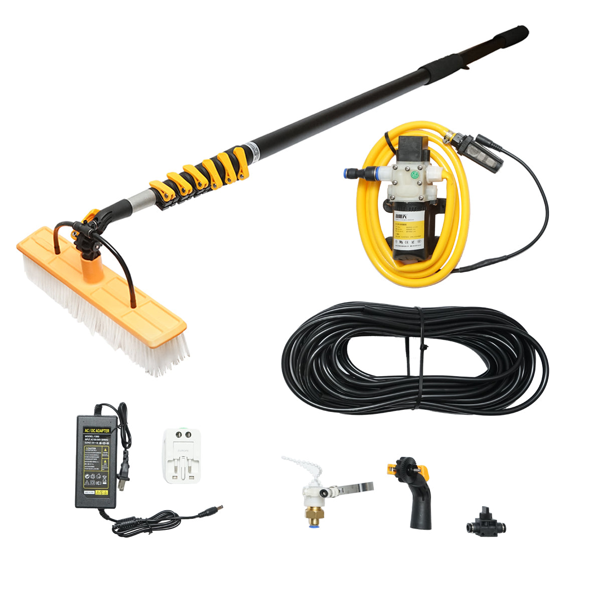 Sistema di pulizia con pompa 12-24-220V e braccio spazzola telescopico max 8,5M per pannelli solari fotovoltaici