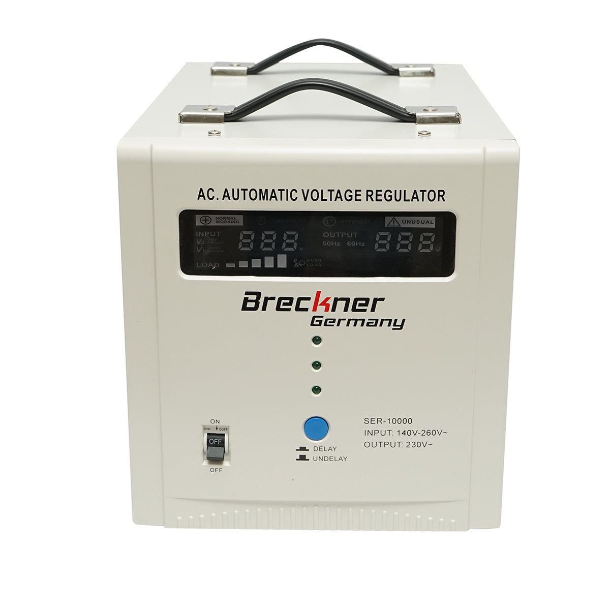 Stabilizzatore di tensione automatico 10000VA con relè monofase, 2 prese schuko 230V, display LCD Breckner Germany