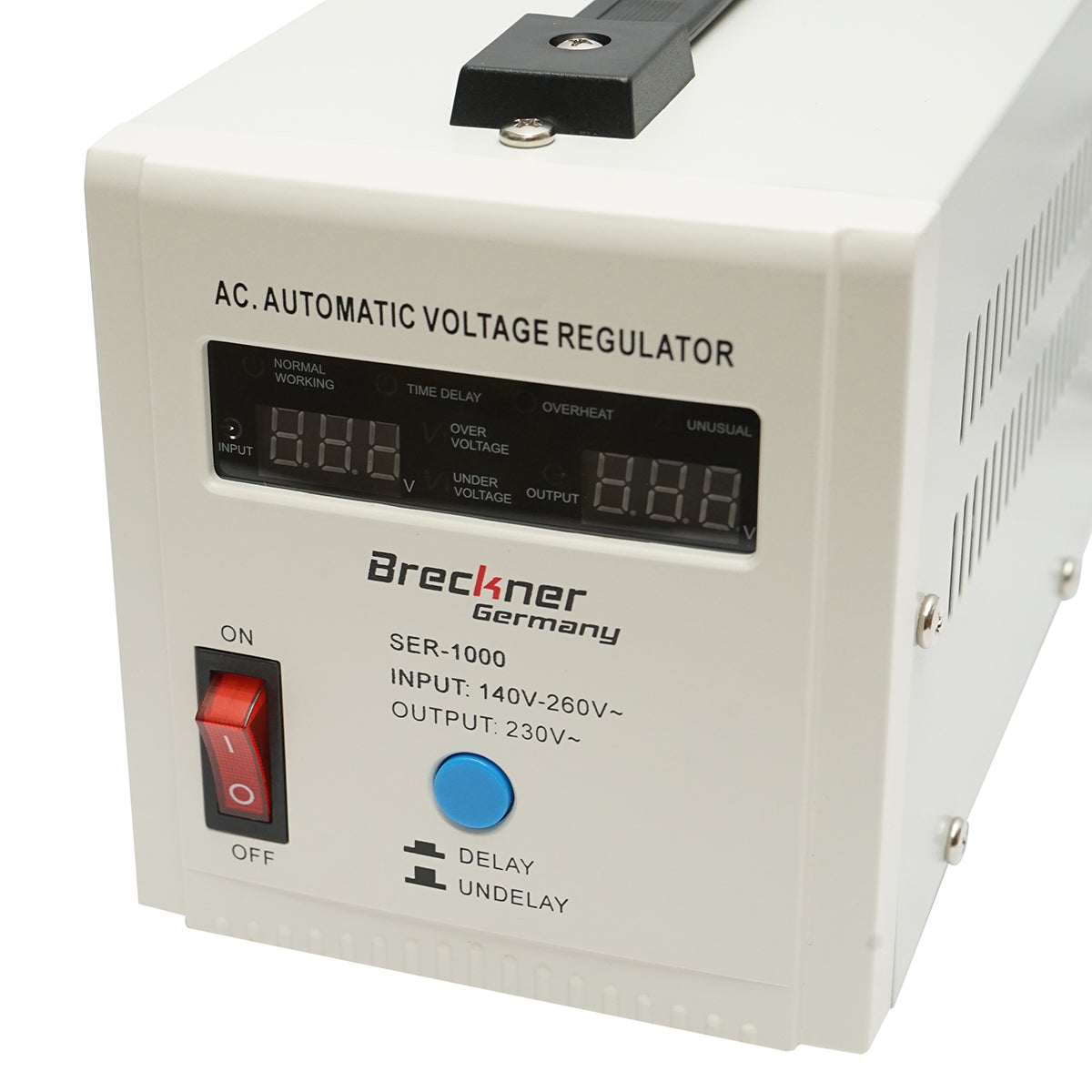 Stabilizzatore di tensione automatico 1000VA con relè monofase, 2 prese schuko 230V, display LCD Breckner Germany - immagine 4