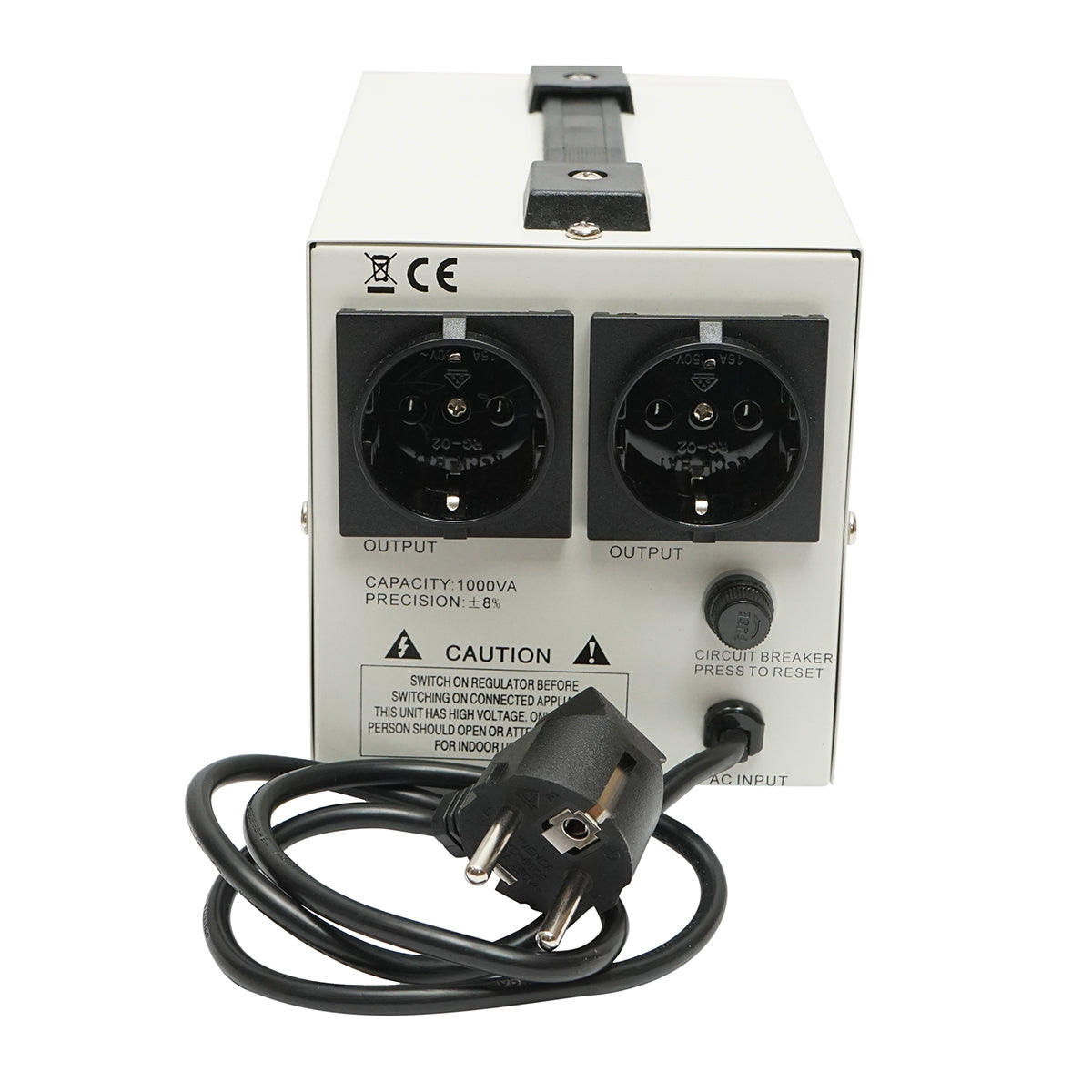 Stabilizzatore di tensione automatico 1000VA con relè monofase, 2 prese schuko 230V, display LCD Breckner Germany - immagine 2