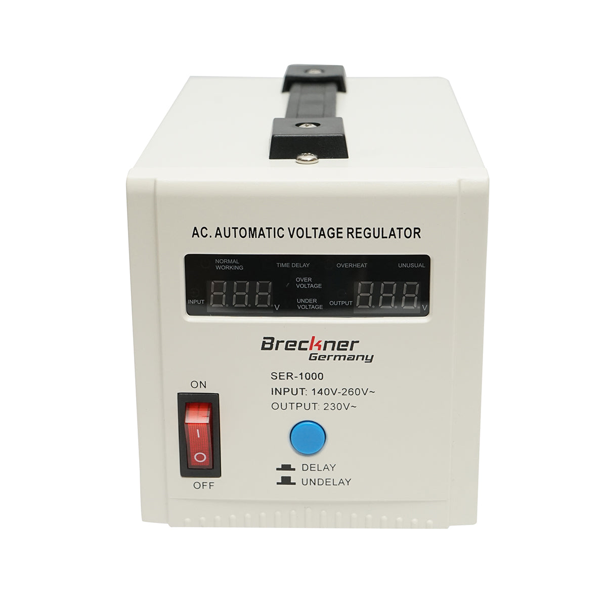 Stabilizzatore di tensione automatico 1000VA con relè monofase, 2 prese schuko 230V, display LCD Breckner Germany
