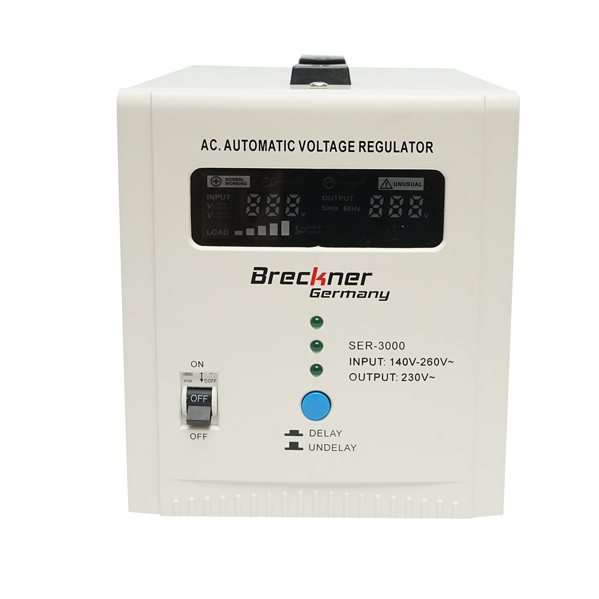 Stabilizzatore di tensione automatico 3000VA con relè monofase, 2 prese schuko 230V, display LCD Breckner Germany