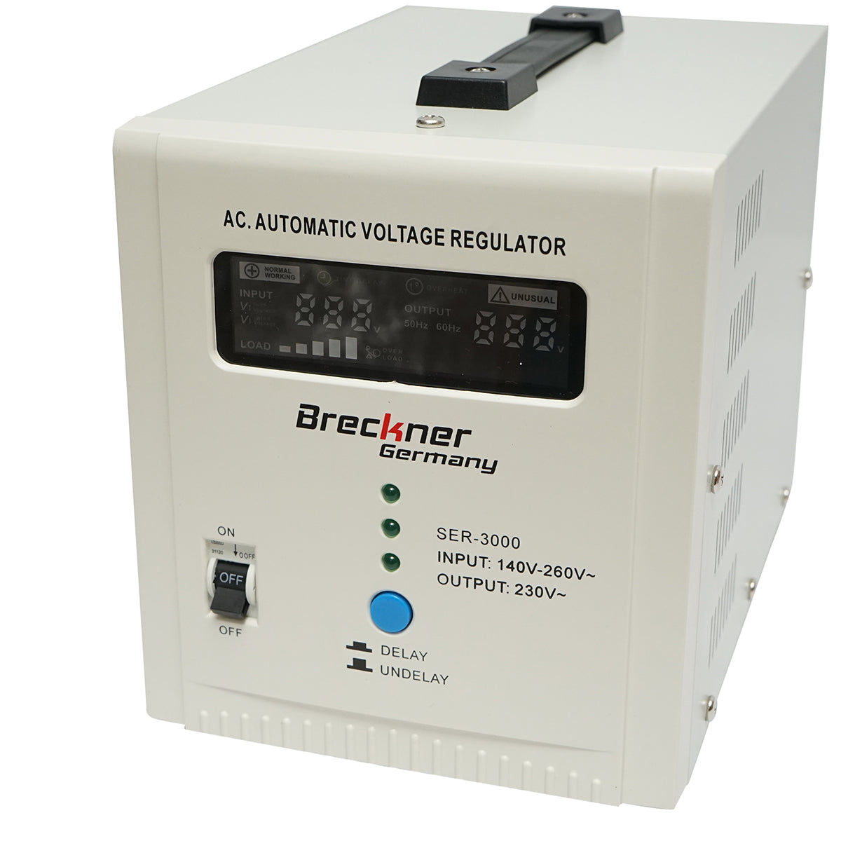 Stabilizzatore di tensione automatico 3000VA con relè monofase, 2 prese schuko 230V, display LCD Breckner Germany - immagine 4
