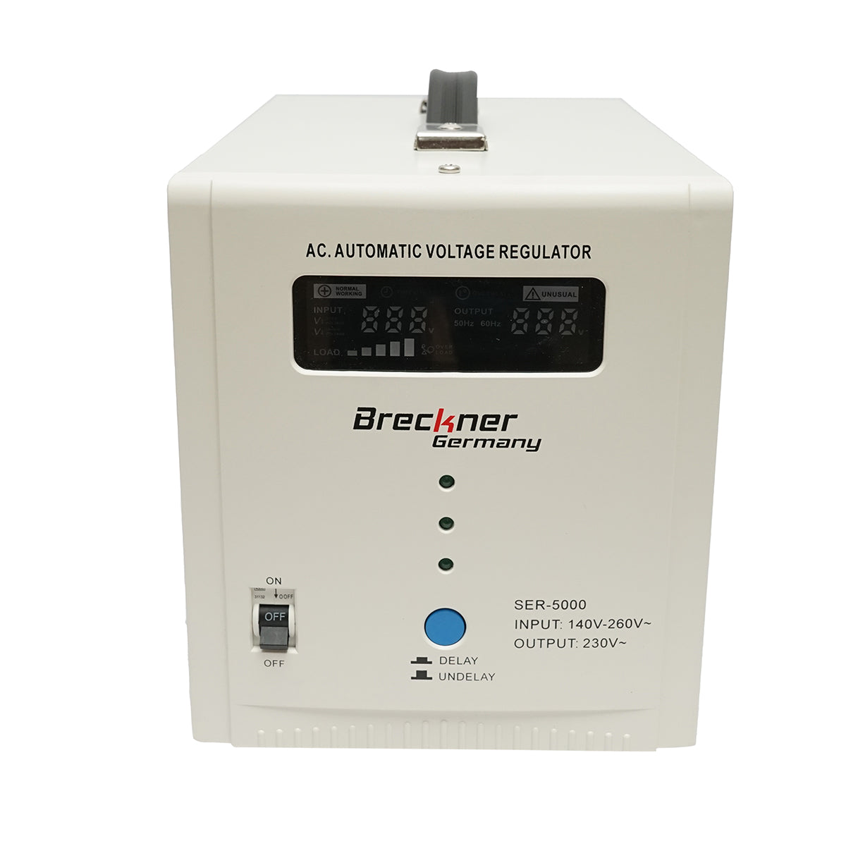 Stabilizzatore di tensione automatico 5000VA con relè monofase, 2 prese schuko 230V, display LCD Breckner Germany