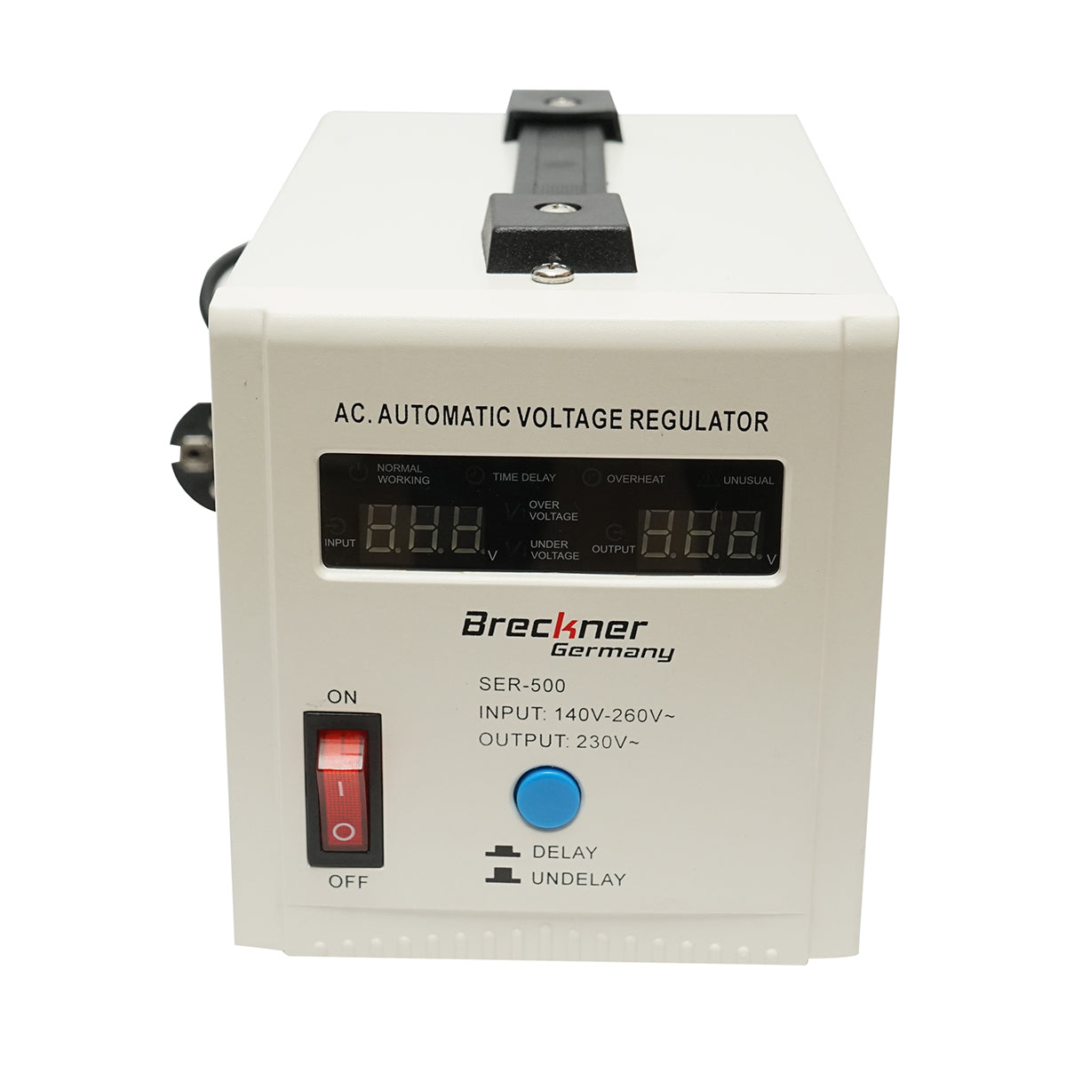 Stabilizzatore di tensione automatico 500VA con relè monofase, 2 prese schuko 230V, display LCD Breckner Germany