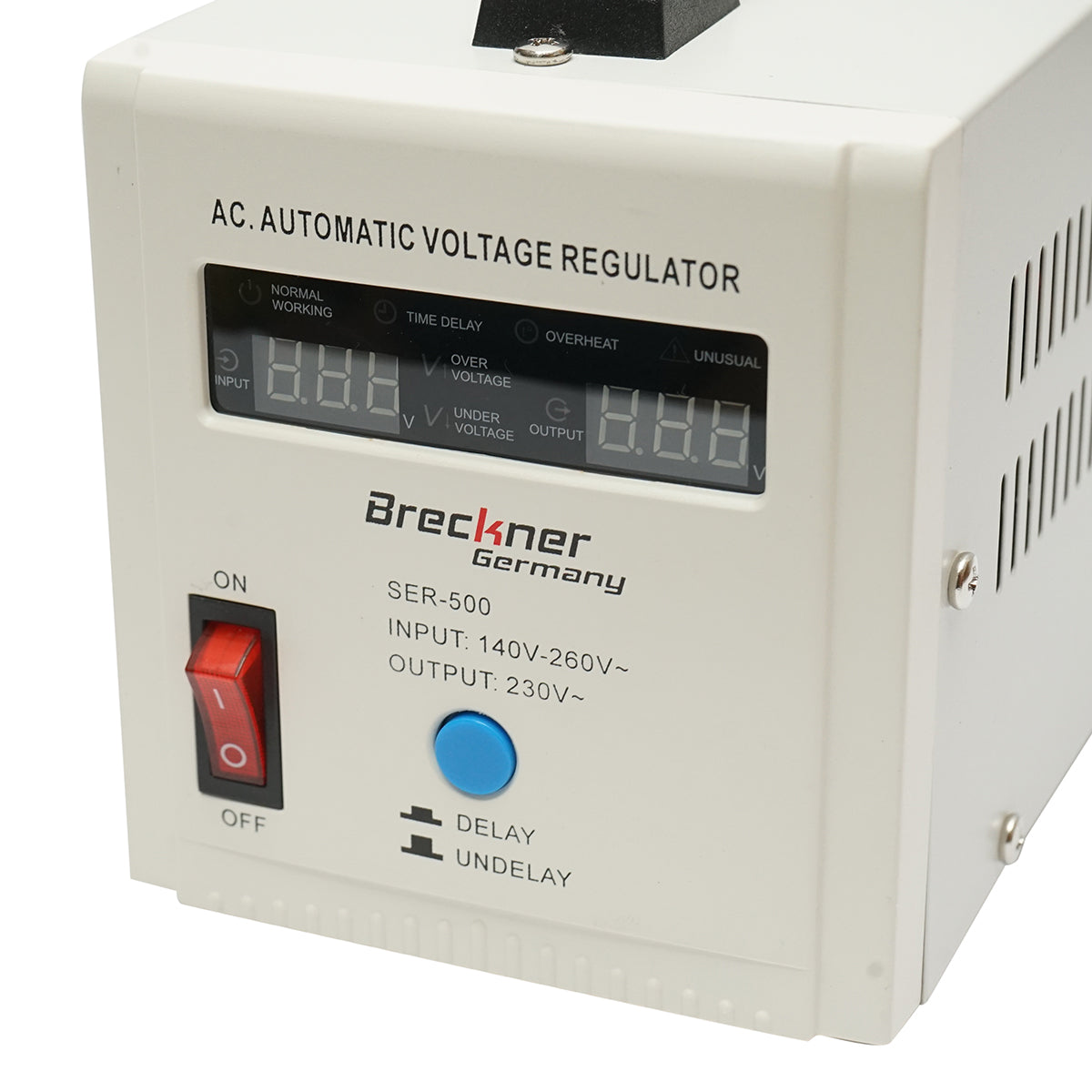 Stabilizzatore di tensione automatico 500VA con relè monofase, 2 prese schuko 230V, display LCD Breckner Germany - immagine 4