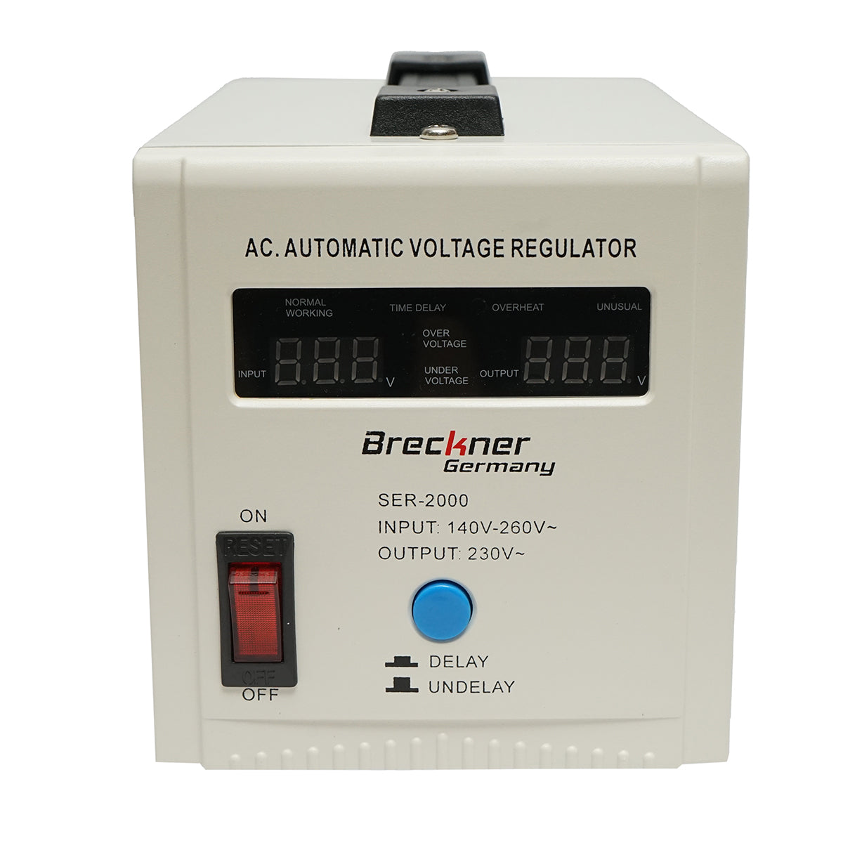 Stabilizzatore di tensione automatico monofase con relè 2000VA/140-260V, 2 prese schuko 230V, display LCD Breckner Germany - immagine 4