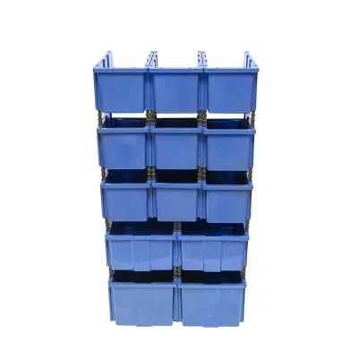 Supporto con 13 scatole per riporre/organizzare oggetti, scatola in plastica blu, 510x400x1000 mm - immagine 6