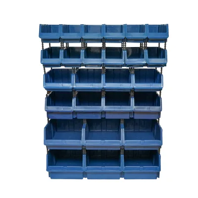 Supporto con 26 scatole per riporre/organizzare oggetti, scatola in plastica blu, 1020x510x1350 mm