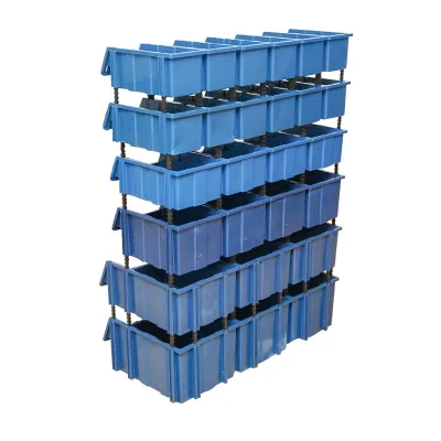 Supporto con 26 scatole per riporre/organizzare oggetti, scatola in plastica blu, 1020x510x1350 mm - immagine 3