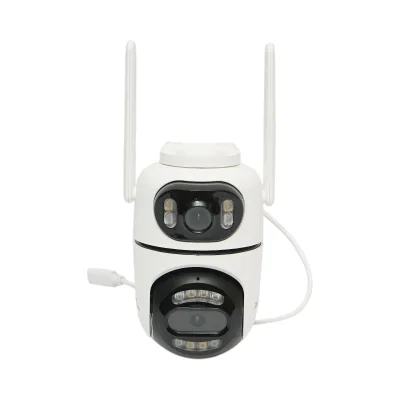 Telecamera di sorveglianza a doppia lente da 4 MP, Wi-Fi P2P a 2,4 GHz, PTZ a 360 gradi, sirena, rilevamento umano tramite IA e applicazione iCSee.