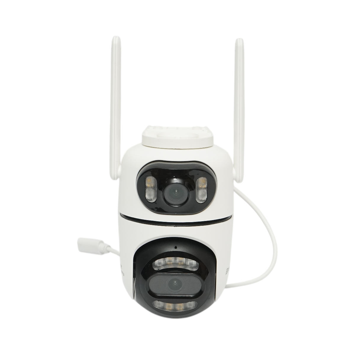 Telecamera di sorveglianza a doppia lente da 4 MP, Wi-Fi P2P a 2,4 GHz, PTZ a 360 gradi, sirena, rilevamento umano tramite IA e applicazione iCSee.