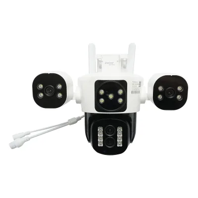 Telecamera di sorveglianza con 4 lenti, 3 obiettivi da 16 MP, WIFI 2.4GHz, rotazione a 360 gradi PTZ con sensore di movimento, zoom 10X, allarme, visione notturna IR, rilevamento umano e applicazione IPC360 Home