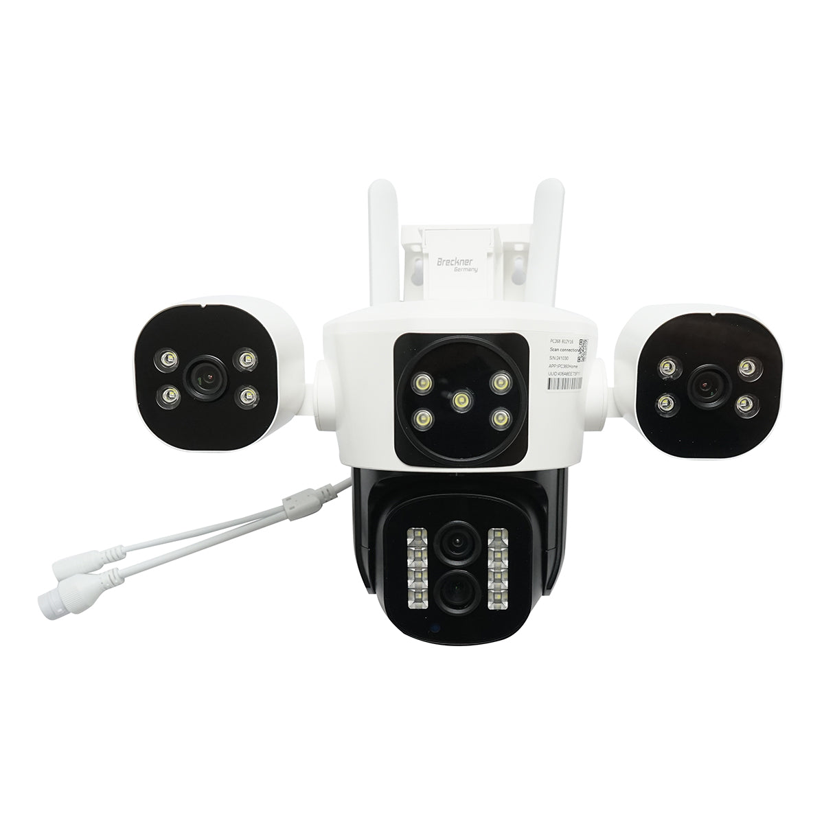 Telecamera di sorveglianza con 4 lenti, 3 obiettivi da 16 MP, WIFI 2.4GHz, rotazione a 360 gradi PTZ con sensore di movimento, zoom 10X, allarme, visione notturna IR, rilevamento umano e applicazione IPC360 Home