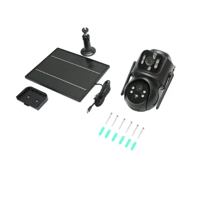 Telecamera di sorveglianza con lente doppia 4 MP, pannello solare 7.6W, batteria 18650 a ricarica rapida, WIFI 2.4 GHz, rotazione 360° PTZ con sensore di movimento, rilevamento umano PIR, allarme, visione notturna e applicazione iCSee - immagine 2