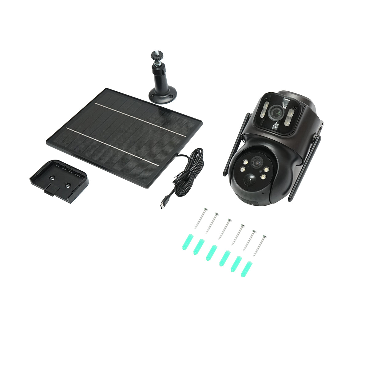Telecamera di sorveglianza con lente doppia 4 MP, pannello solare 7.6W, batteria 18650 a ricarica rapida, WIFI 2.4 GHz, rotazione 360° PTZ con sensore di movimento, rilevamento umano PIR, allarme, visione notturna e applicazione iCSee - immagine 2