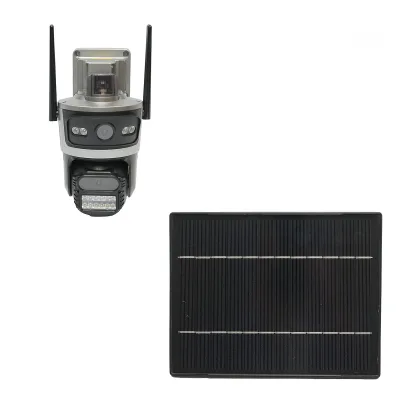 Telecamera di sorveglianza con lente doppia 4 MP, scheda SIM 4G, WIFI 2.4 GHz, pannello solare 7.6W, batteria 18650 a ricarica rapida, rotazione 360° PTZ con sensore di movimento, rilevamento umano PIR, allarme, visione notturna e applicazione iCSee