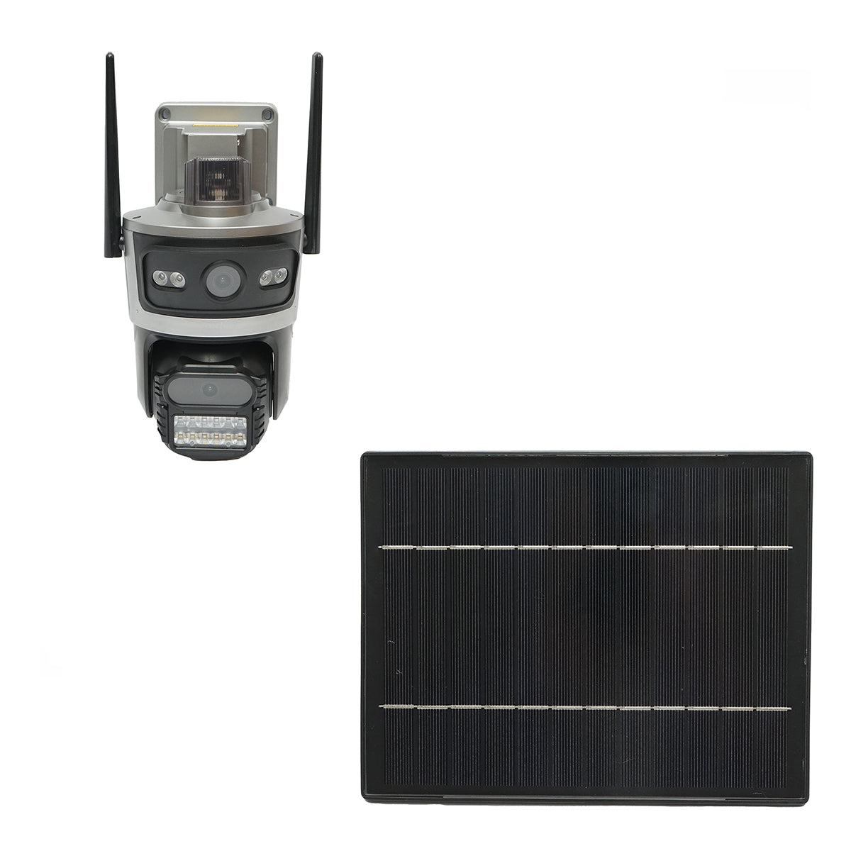 Telecamera di sorveglianza con lente doppia 4 MP, scheda SIM 4G, WIFI 2.4 GHz, pannello solare 7.6W, batteria 18650 a ricarica rapida, rotazione 360° PTZ con sensore di movimento, rilevamento umano PIR, allarme, visione notturna e applicazione iCSee