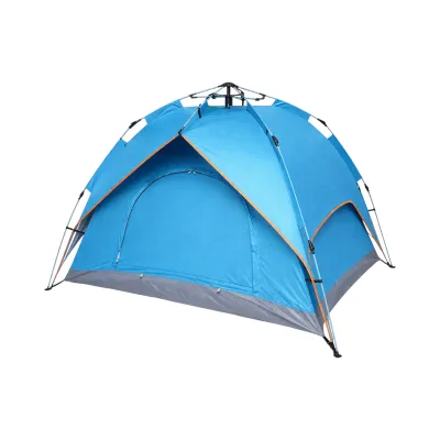 Tenda da campeggio per 2 persone blu pieghevole pop-up automatica 2 ingressi, impermeabile con protezione UV e rete anti-insetti 200x200x145cm