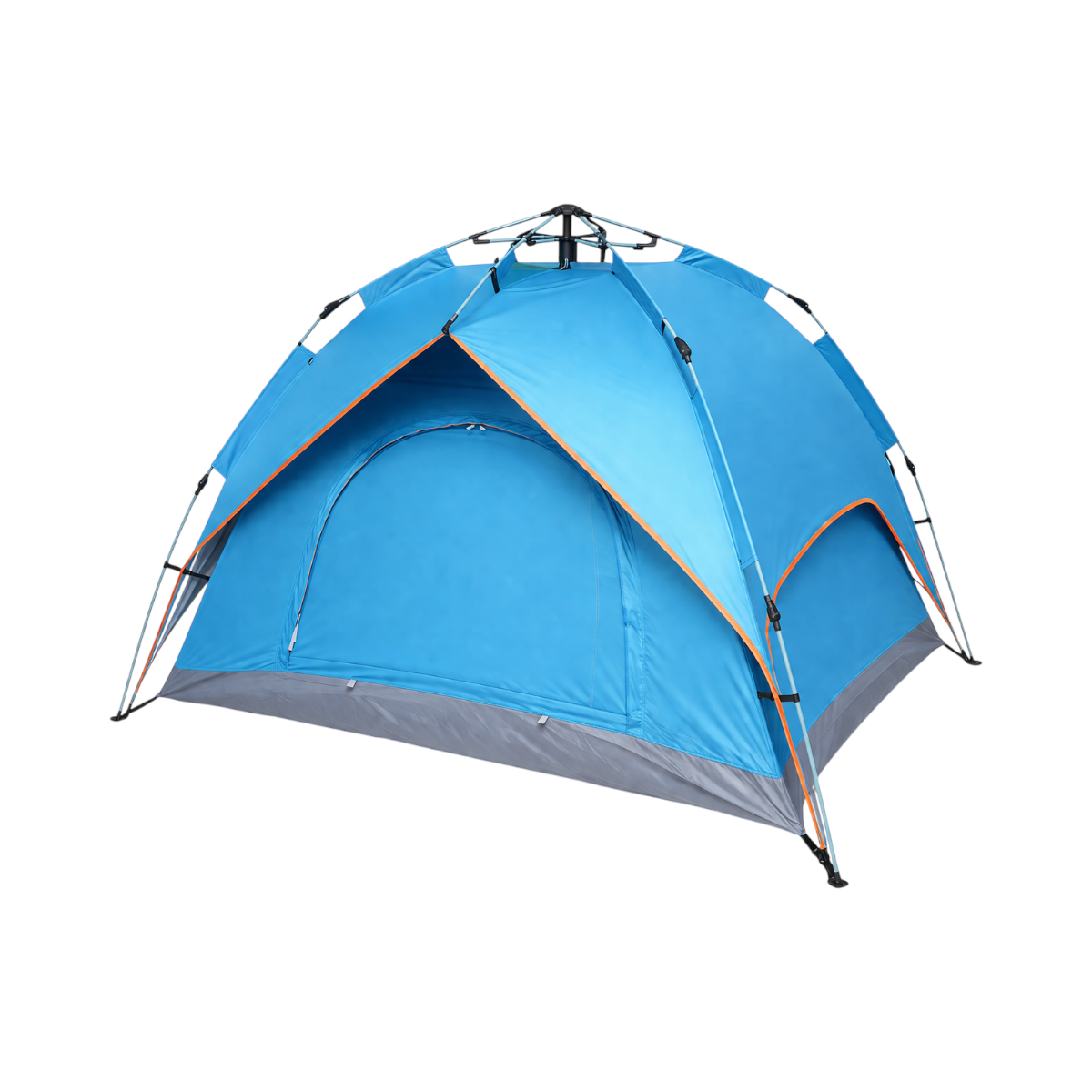 Tenda da campeggio per 2 persone blu pieghevole pop-up automatica 2 ingressi, impermeabile con protezione UV e rete anti-insetti 200x200x145cm