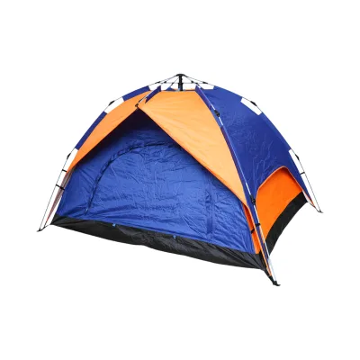 Tenda da campeggio per 2 persone blu-arancio pieghevole pop-up automatico 2 ingressi, impermeabile con protezione UV e rete anti-insetti 200x200x145cm
