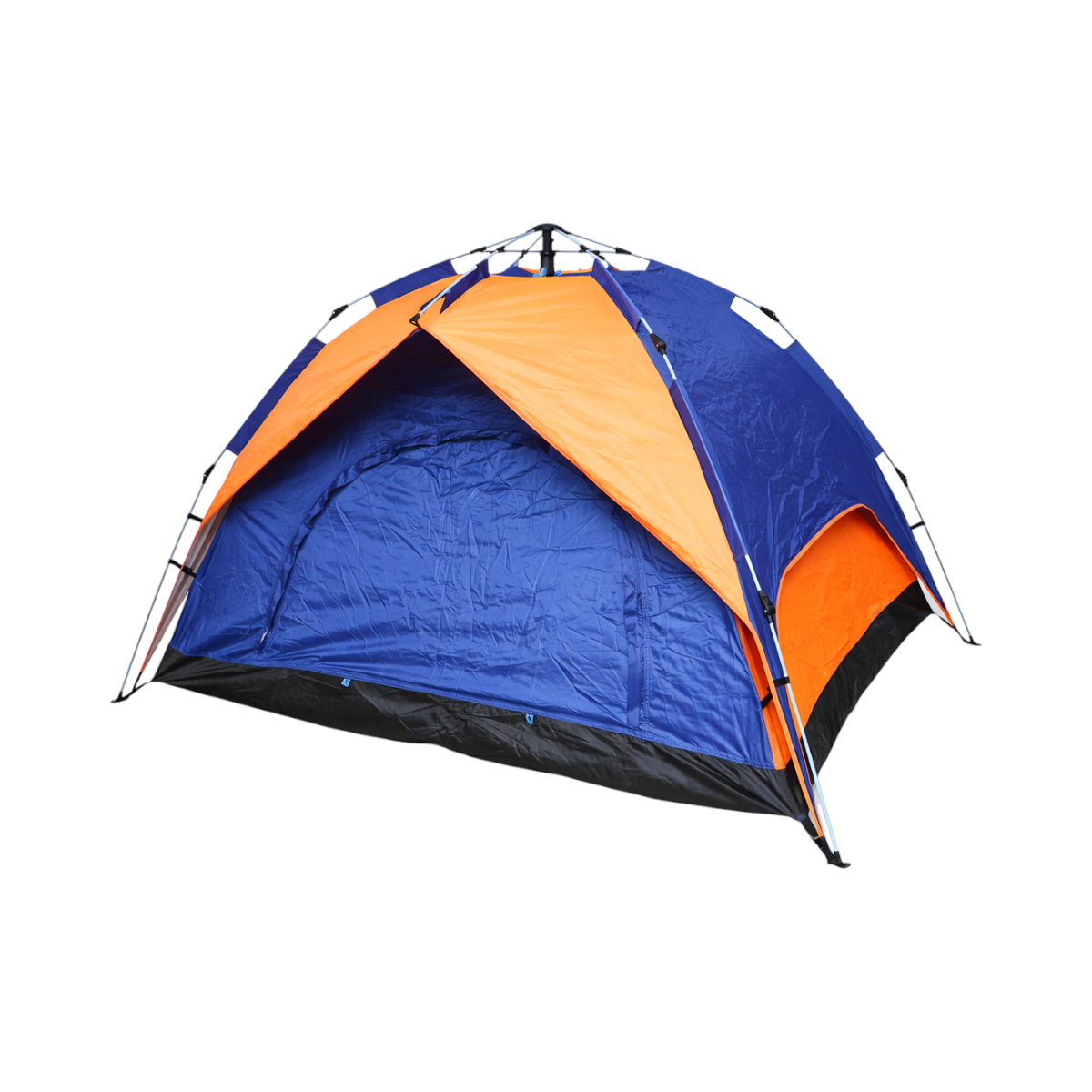 Tenda da campeggio per 2 persone blu-arancio pieghevole pop-up automatico 2 ingressi, impermeabile con protezione UV e rete anti-insetti 200x200x145cm