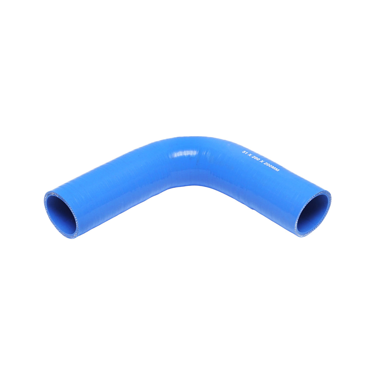 Tubo curvato in silicone a 90 gradi con inserto in tessuto, dimensioni 51x200x200 mm.