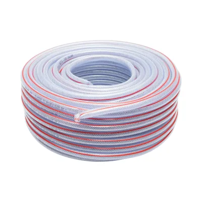 Tubo da giardino in PVC trasparente da 3/8 pollici (10 mm), PN9 bar, 10x14 mm con inserto tessile intrecciato, rotolo da 50 m