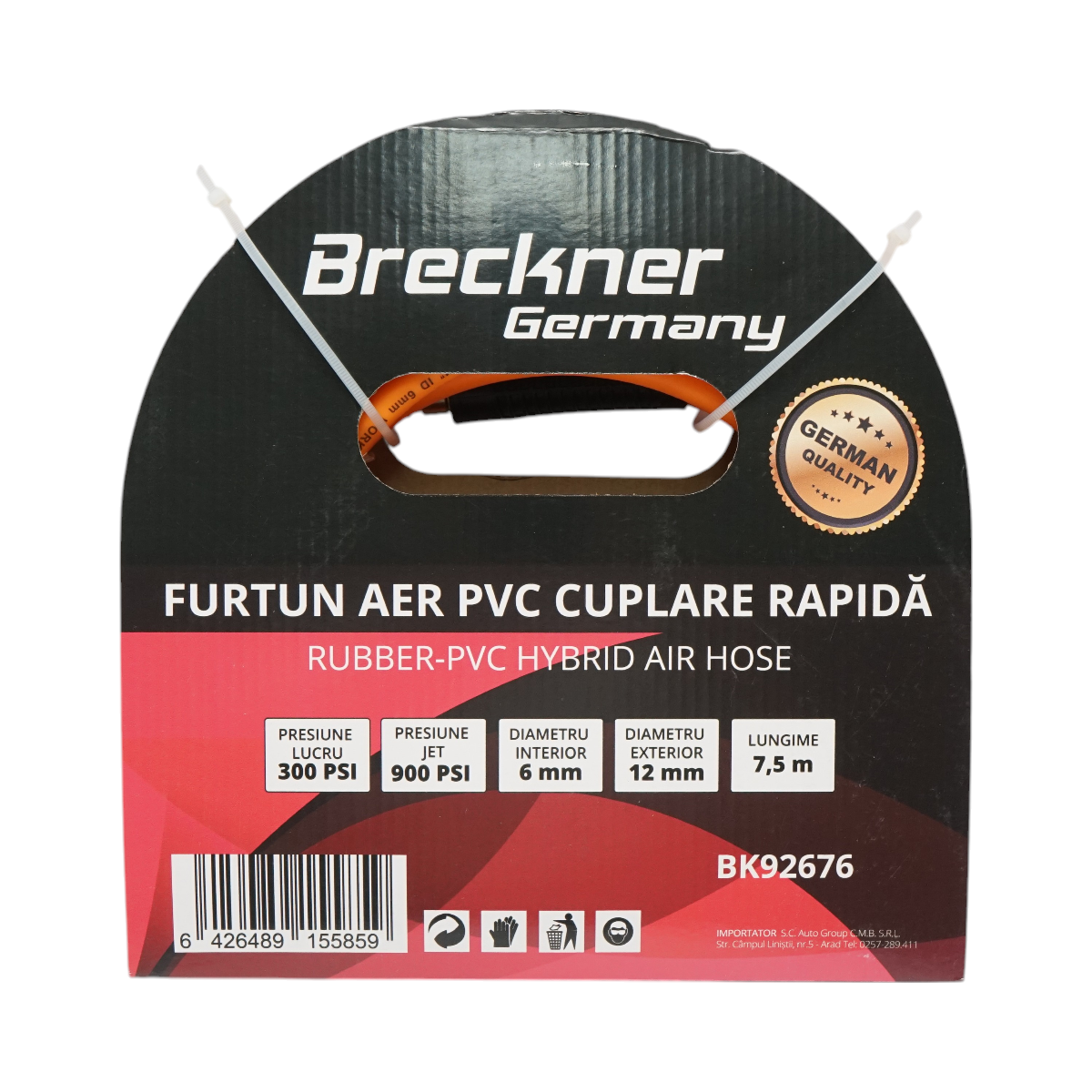 Tubo flessibile professionale per aria compressa in PVC da 7,5 m e attacco rapido universale Breckner Germany
