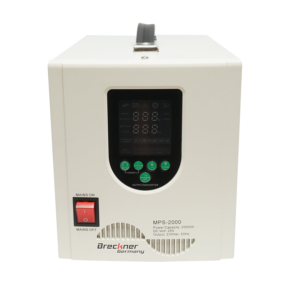 UPS con inverter per riscaldamento centralizzato 1400W/2000VA, onda sinusoidale pura 24V/230V, 2 prese schuko, display LCD, AVR Breckner Germany
