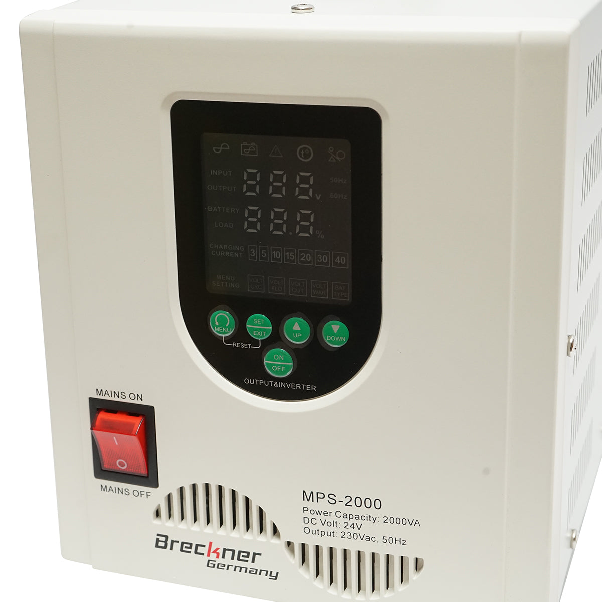 UPS con inverter per riscaldamento centralizzato 1400W/2000VA, onda sinusoidale pura 24V/230V, 2 prese schuko, display LCD, AVR Breckner Germany - immagine 4